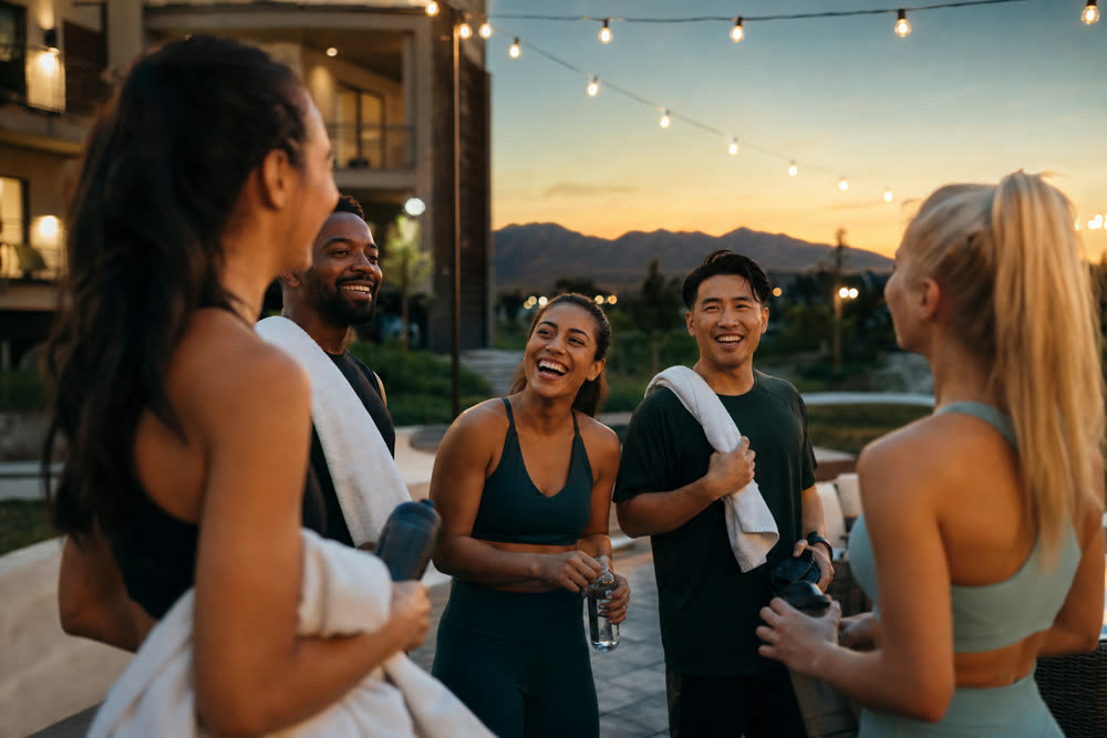 A small group of neighbors laughing together after a Sweat and Social community fitness event at dusk in Utah
